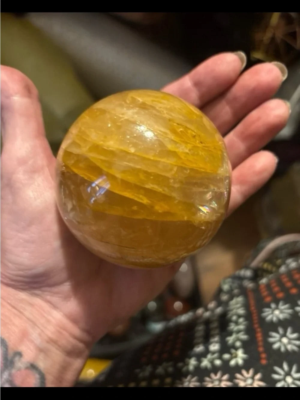 Yellow Selenite Sphere on Metal Stand